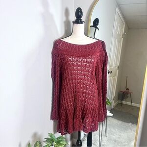 Vintage American Deep Red Knit Semi Off Shoulder Long Top